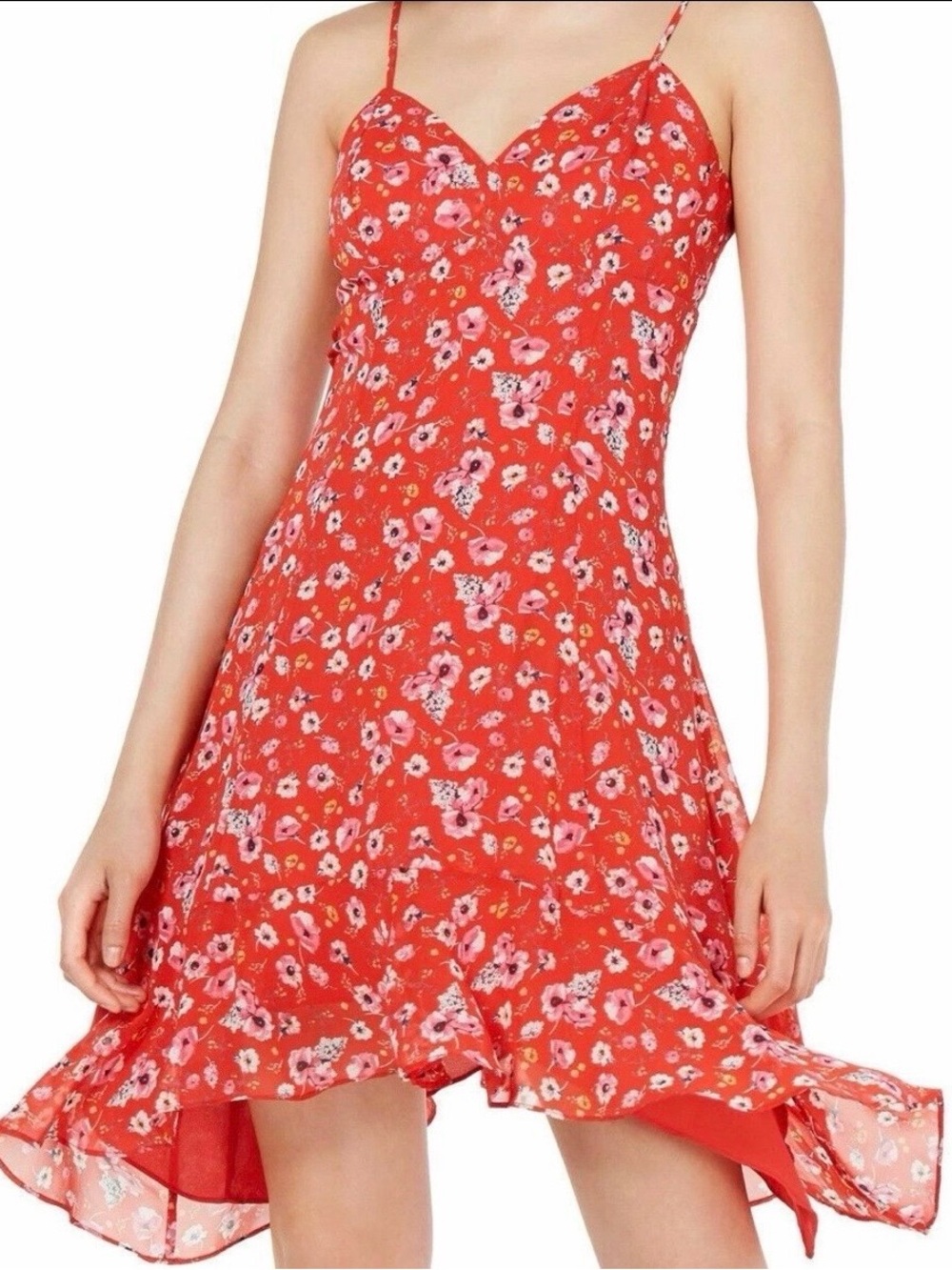 19 COOPER Women's Red Multi Floral-Print Asymmetrical-Hem A-Line Dress, XS